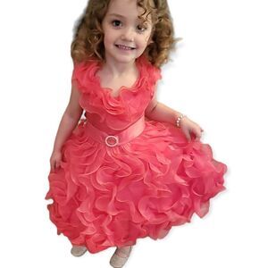 Formal Watermelon Sheer Ruffled Sleeveless Party Dress